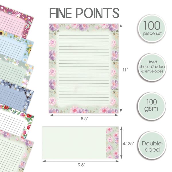 Better Office Products Floral Paper Stationery Set, 100 Piece Set (50 Lined Sheets + 50 Matching Envelopes), Letter Size 8.5 x 11 inch, 6 Designs, Double Sided/Lined Printing Paper, - Image 3