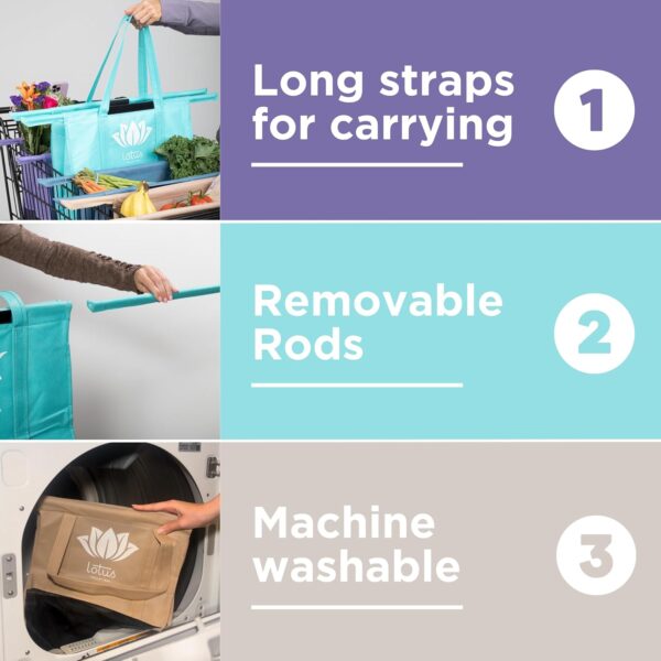 Lotus Trolley Bags for Shopping Carts - Set of 4 Reusable Shopping Bags, Grocery Bags with Insulated Cooler & Egg/Wine Holder, Foldable, Washable Grocery Cart Bags, Multi-Use Grocery Tote Bags - Image 4