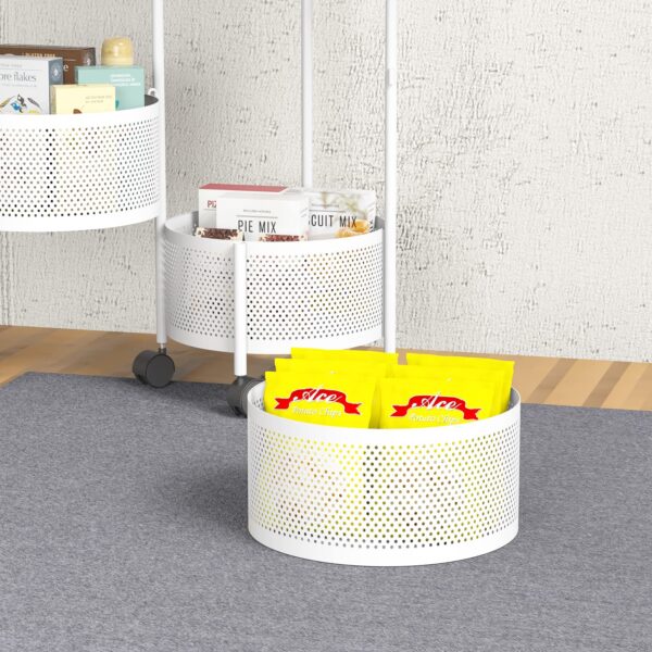 JAQ Rotating Storage Shelves Rack for Kitchen, 4-Tier Multi Layer Removable Basket Shelf Organizer on Rolling Wheels for Fruit Vegetable Grocery Corns Potato Onion (4-Tier, White) - Image 9