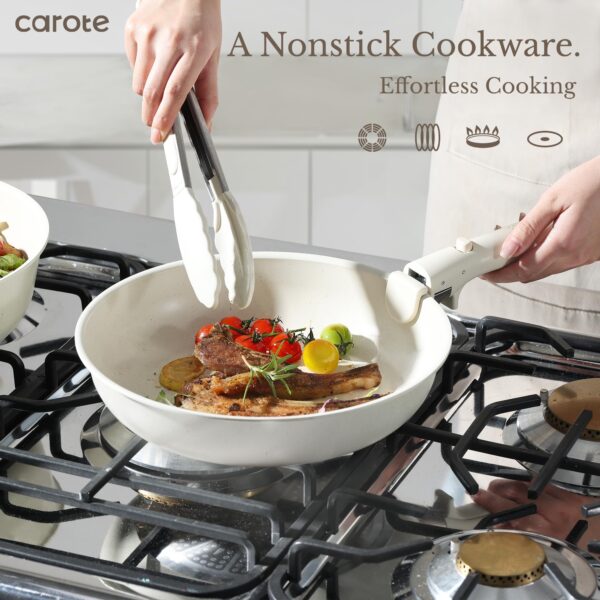 CAROTE Pots and Pans Set Non Stick, Cookware Sets, Kitchen Set, Oven/Fridge Safe, Space Saving Pots Set, Nonstick Cooking Set with Versatile Detachable Handle, Induction RV Set, Cream White