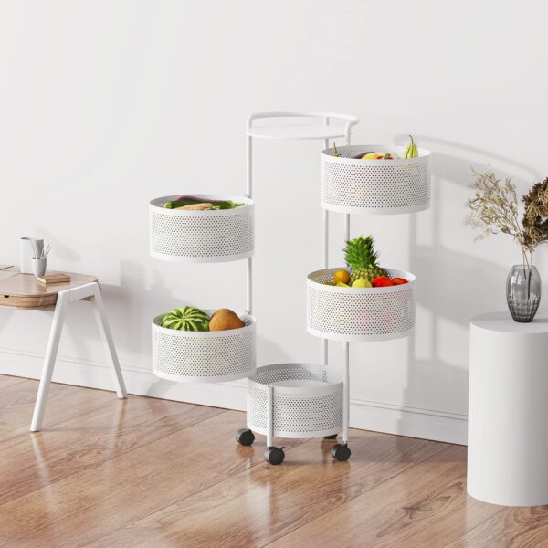 JAQ Rotating Storage Shelves Rack for Kitchen, 4-Tier Multi Layer Removable Basket Shelf Organizer on Rolling Wheels for Fruit Vegetable Grocery Corns Potato Onion (4-Tier, White) - Image 7