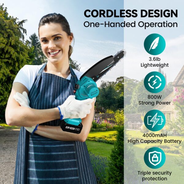 Seesii Mini Chainsaw Cordless 6-inch, Handheld Electric Power Chain Saw with 2 Batteries, for Tree Trimming Wood Cutting, Best Gifts for Dad, Husband - Image 7