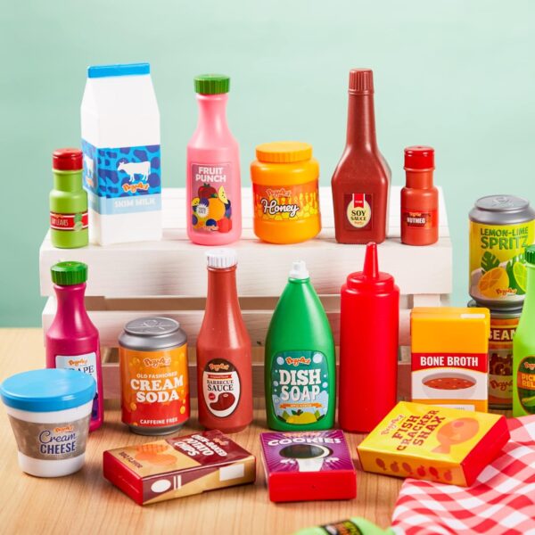 JOYIN 30Pcs Play Food Grocery Cans, Play Kitchen Accessories, Includes Drink, Juice, Jar, Seasoning, Water Bottle, Sauce, Yogurt, Ice Cream, Snack Box, Kids Gifts & Indoor Toys - Image 6