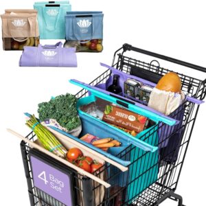 Lotus Trolley Bags for Shopping Carts - Set of 4 Reusable Shopping Bags, Grocery Bags with Insulated Cooler & Egg/Wine Holder, Foldable, Washable Grocery Cart Bags, Multi-Use Grocery Tote Bags