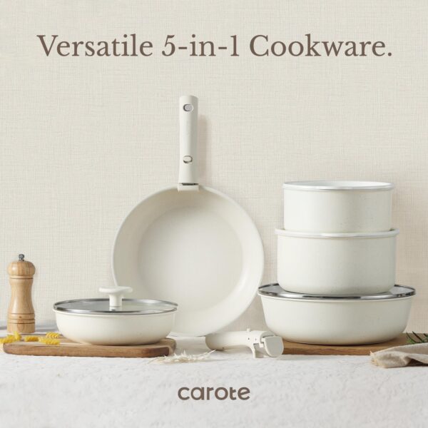 CAROTE Pots and Pans Set Non Stick, Cookware Sets, Kitchen Set, Oven/Fridge Safe, Space Saving Pots Set, Nonstick Cooking Set with Versatile Detachable Handle, Induction RV Set, Cream White - Image 6