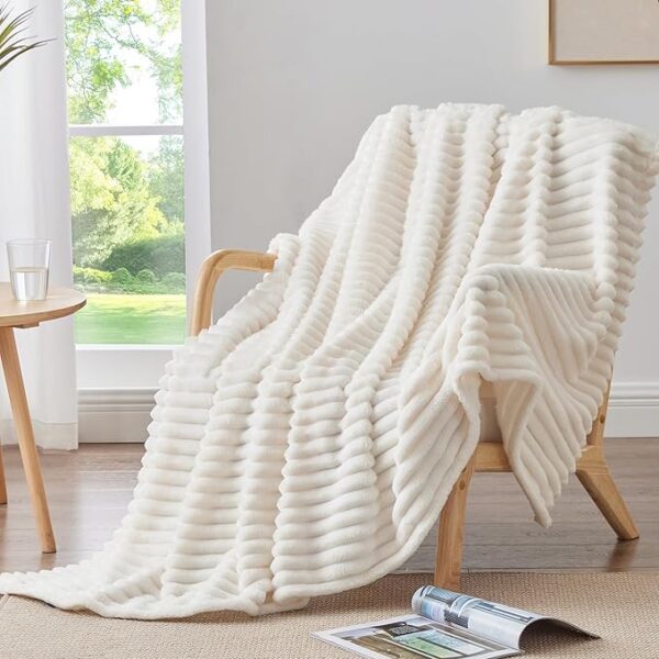 Soft Fleece Throw Blanket for Couch - Cream White 50"x60", Fluffy and Decorative - Image 2