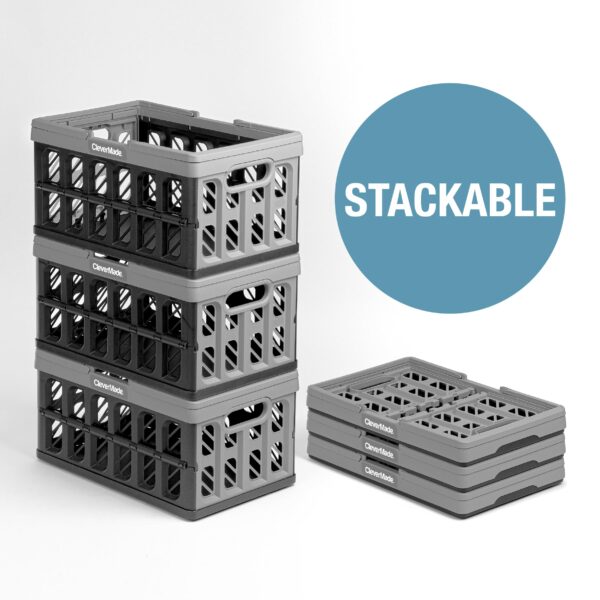 CleverMade Collapsible Shopping Basket, Charcoal, 3PK - 16L (4 Gal) Reusable Plastic Grocery Shopping Baskets, Holds 22lbs Per Basket - Small Foldable Storage Crates with Handles - Image 12