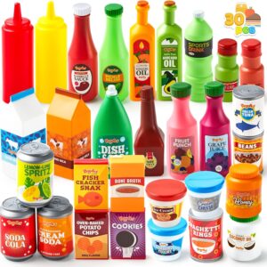 JOYIN 30Pcs Play Food Grocery Cans, Play Kitchen Accessories, Includes Drink, Juice, Jar, Seasoning, Water Bottle, Sauce, Yogurt, Ice Cream, Snack Box, Kids Gifts & Indoor Toys