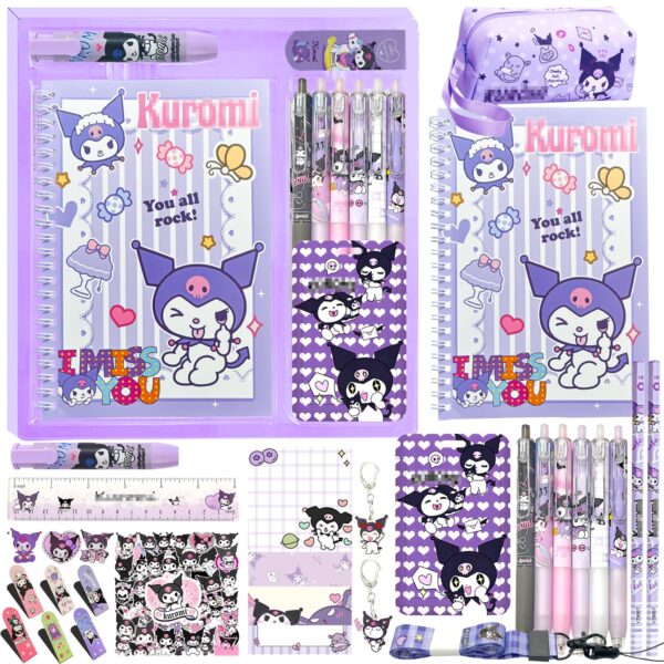 iseainno Kuromi School Supplies Set Cute Stationery Gift Set Kawaii Back to School Including A5 NotebookPencil CasePens,Stickers,ID Badge holderRuler Eraser Perfect Easter Birthday Gifts for Kids