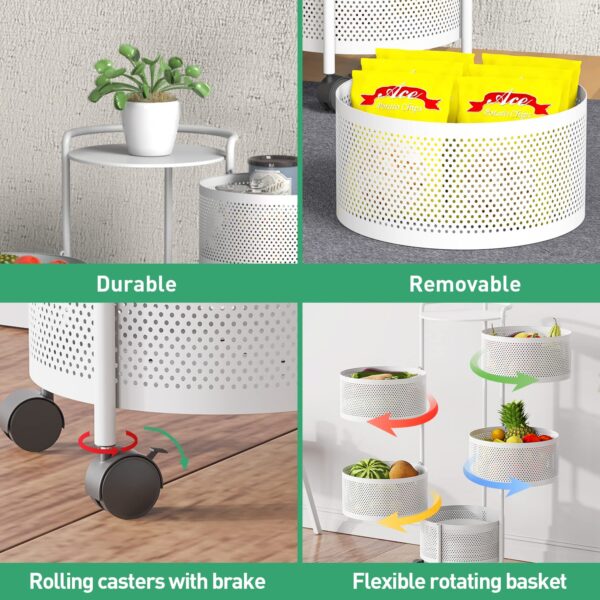 JAQ Rotating Storage Shelves Rack for Kitchen, 4-Tier Multi Layer Removable Basket Shelf Organizer on Rolling Wheels for Fruit Vegetable Grocery Corns Potato Onion (4-Tier, White) - Image 8