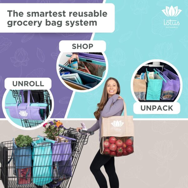 Lotus Trolley Bags for Shopping Carts - Set of 4 Reusable Shopping Bags, Grocery Bags with Insulated Cooler & Egg/Wine Holder, Foldable, Washable Grocery Cart Bags, Multi-Use Grocery Tote Bags - Image 2