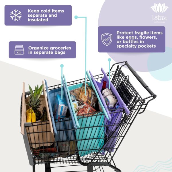 Lotus Trolley Bags for Shopping Carts - Set of 4 Reusable Shopping Bags, Grocery Bags with Insulated Cooler & Egg/Wine Holder, Foldable, Washable Grocery Cart Bags, Multi-Use Grocery Tote Bags - Image 3